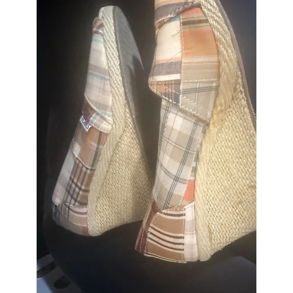 Toms Madras Plaid 10 Patchwork Espadrille Wedge Peep Toe Shoes boho